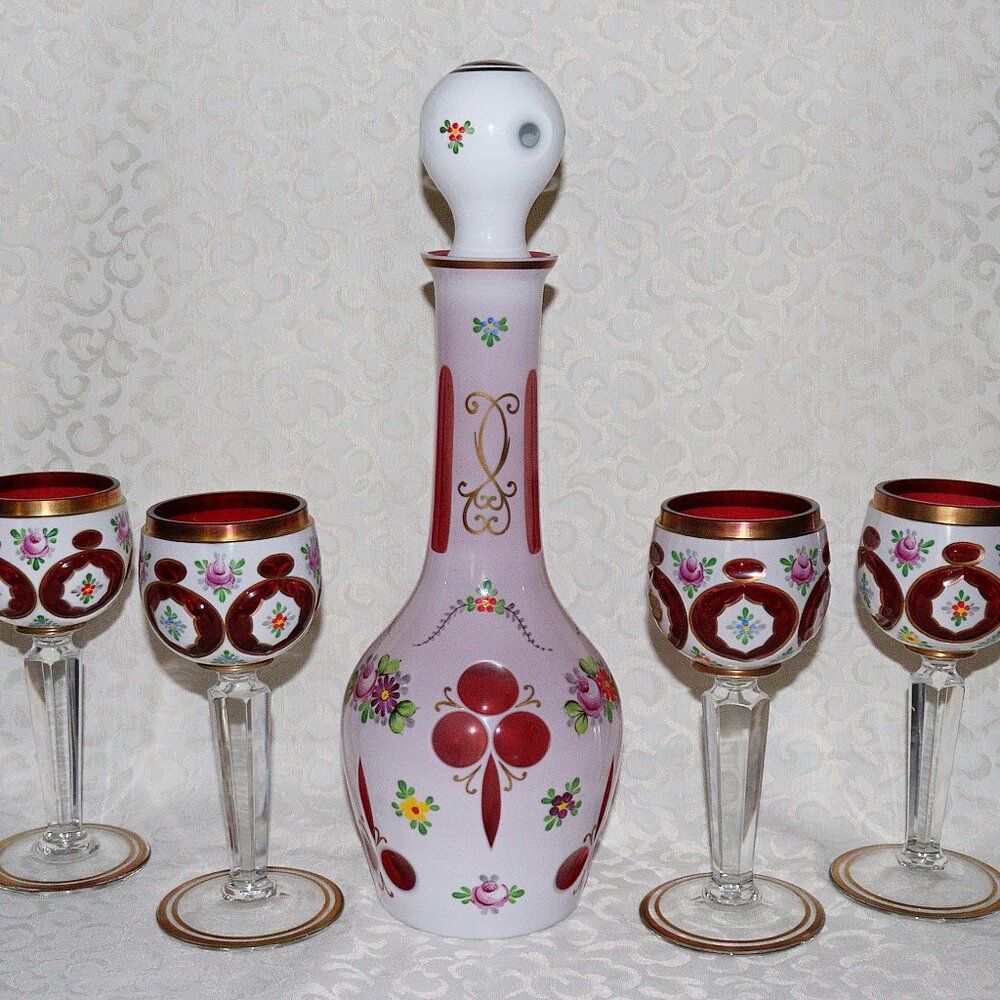 Antique cased Bohemian ruby glass decanter set